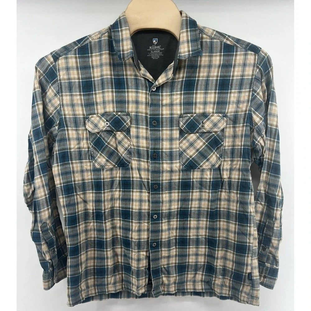 Kuhl XL Mens Lightweight Flannel Shirt Plaid Blue Tan White Cotton Blend - Picture 1 of 8